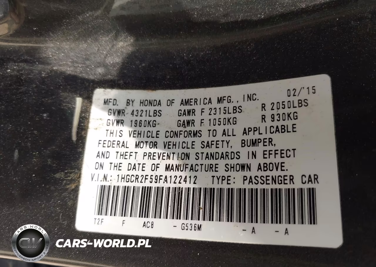 2015 Honda Accord Sport VIN:1HGCR2F59FA122412 - 9