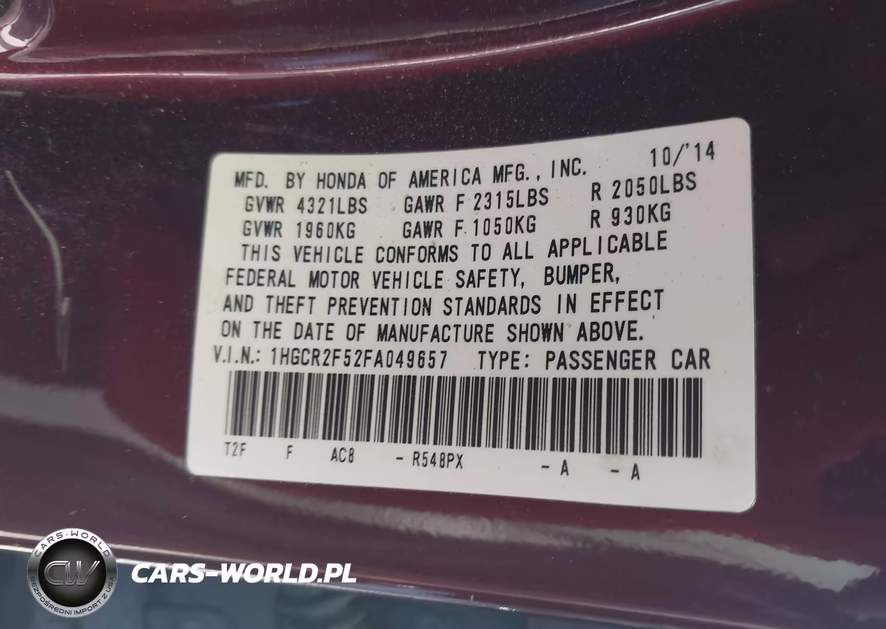 2015 Honda Accord Sport VIN:1HGCR2F52FA049657 - 9