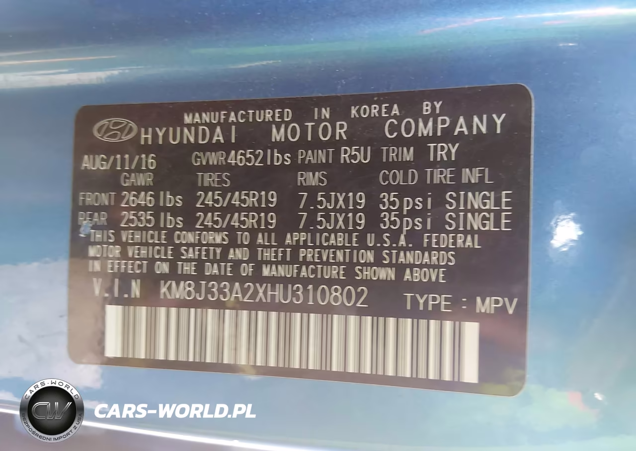 2017 Hyundai Tucson Sport VIN:KM8J33A2XHU310802 - 9