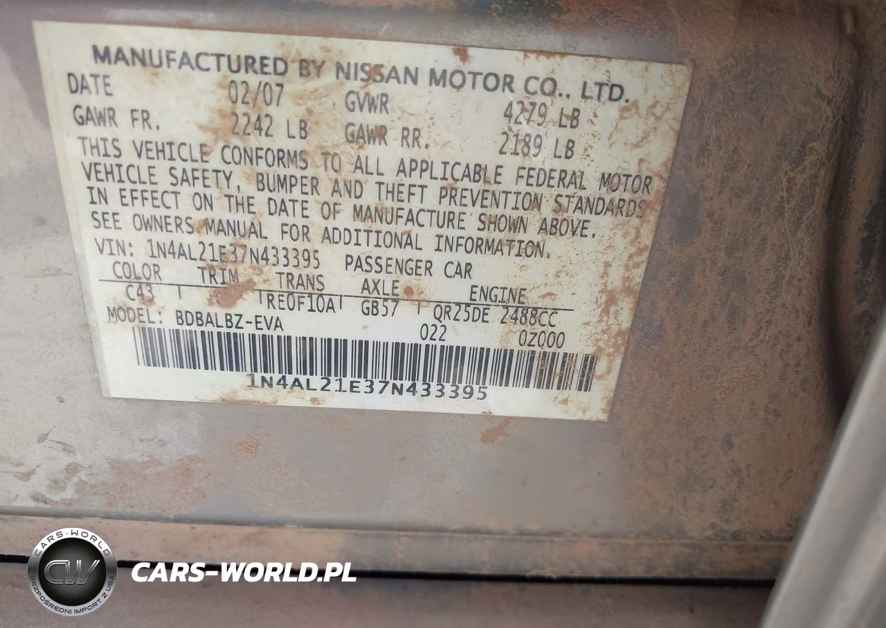 2007 Nissan Altima 2.5 S VIN:1N4AL21E37N433395 - 9