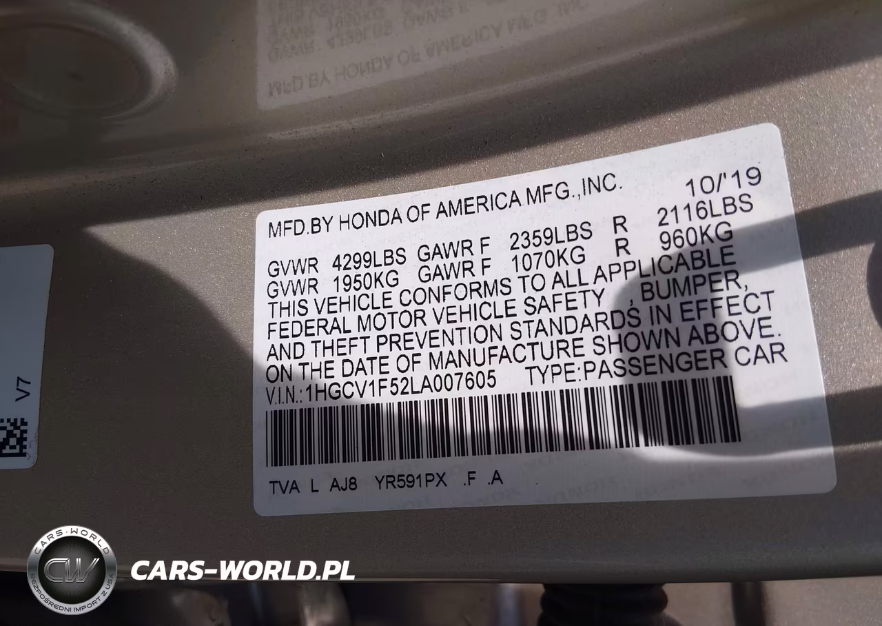 2020 Honda Accord Ex-L VIN:1HGCV1F52LA007605 - 9