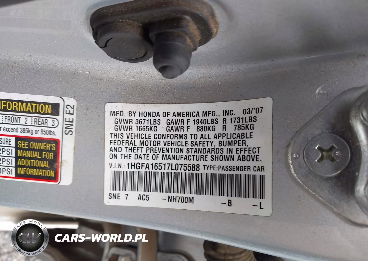 2007 Honda Civic Lx VIN:1HGFA16517L075588 - 9
