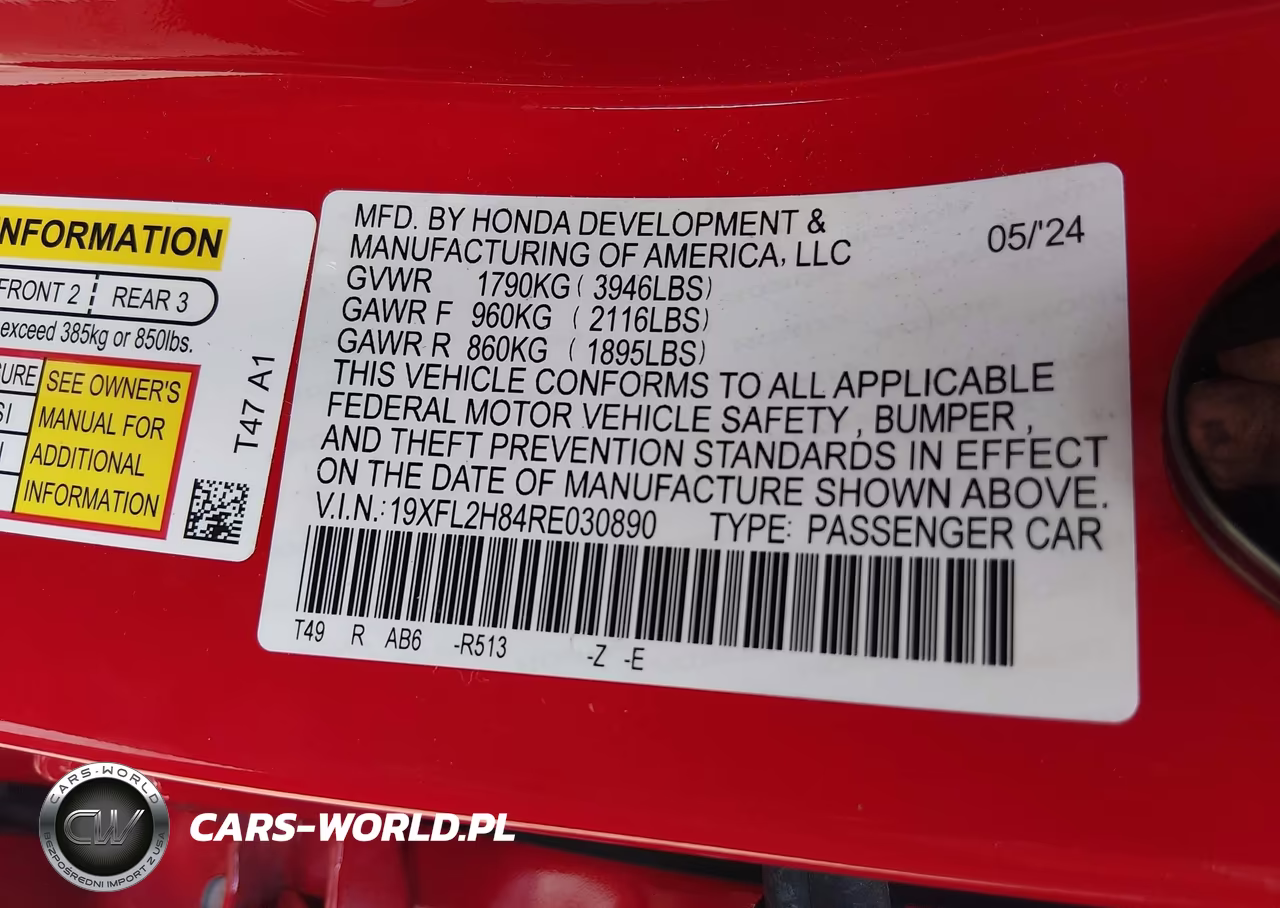 2024 Honda Civic Sport VIN:19XFL2H84RE030890 - 9