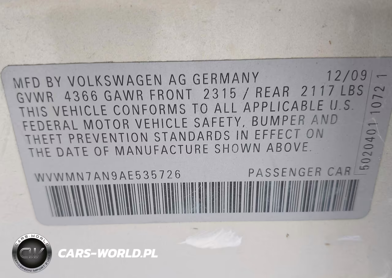 2010 Volkswagen Cc Sport VIN:WVWMN7AN9AE535726 - 9