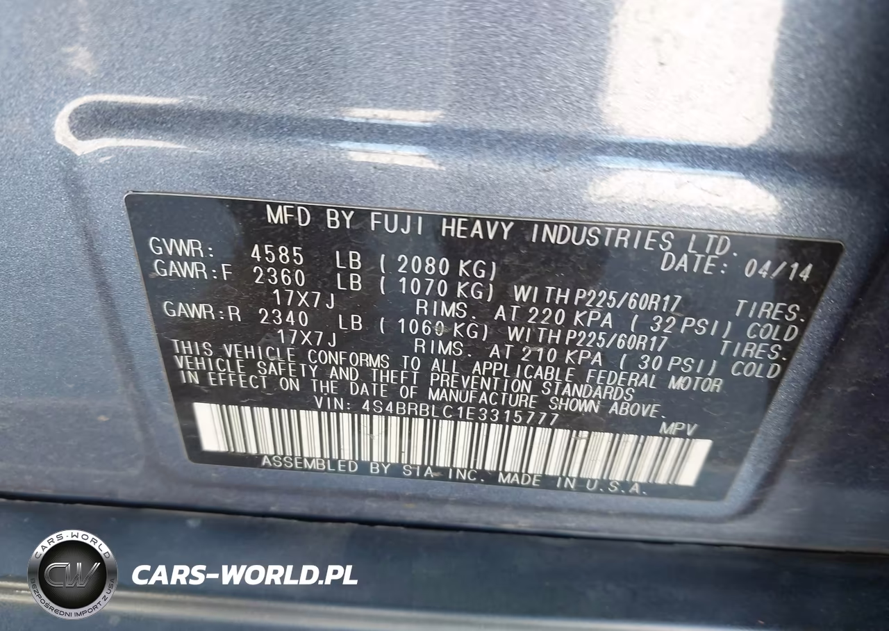 2014 Subaru Outback 2.5I Limited VIN:4S4BRBLC1E3315777 - 9