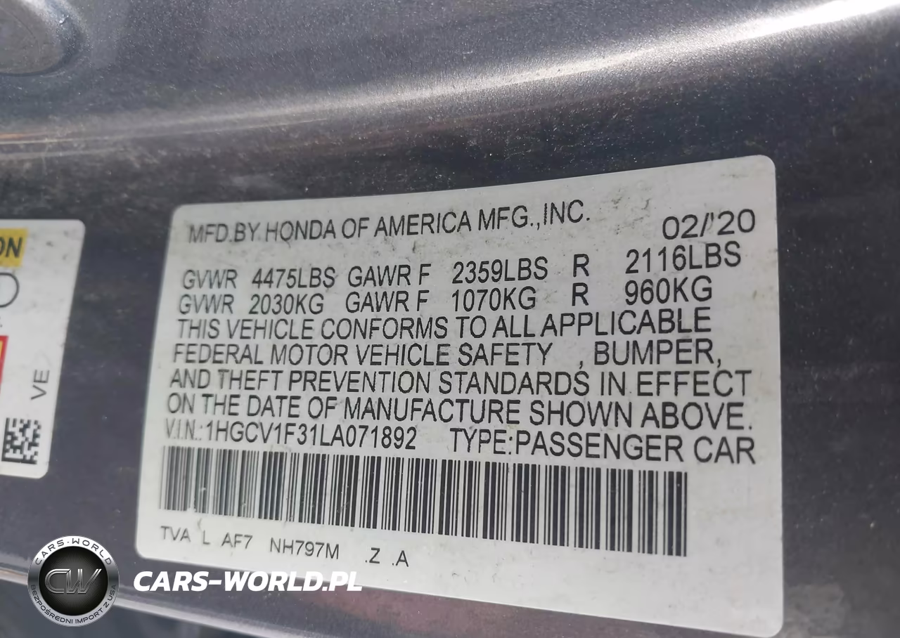 2020 Honda Accord Sport VIN:1HGCV1F31LA071892 - 9