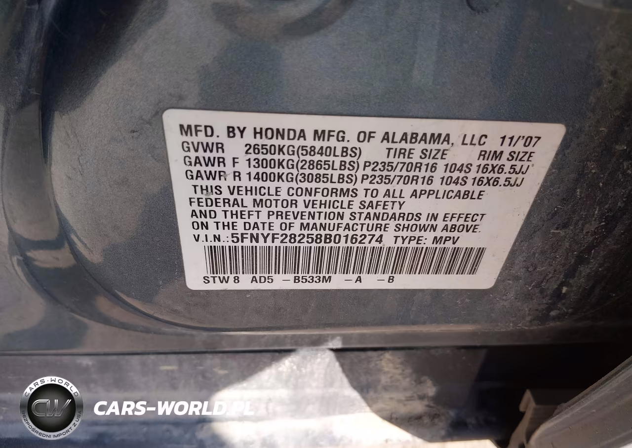 2008 Honda Pilot Vp VIN:5FNYF28258B016274 - 9