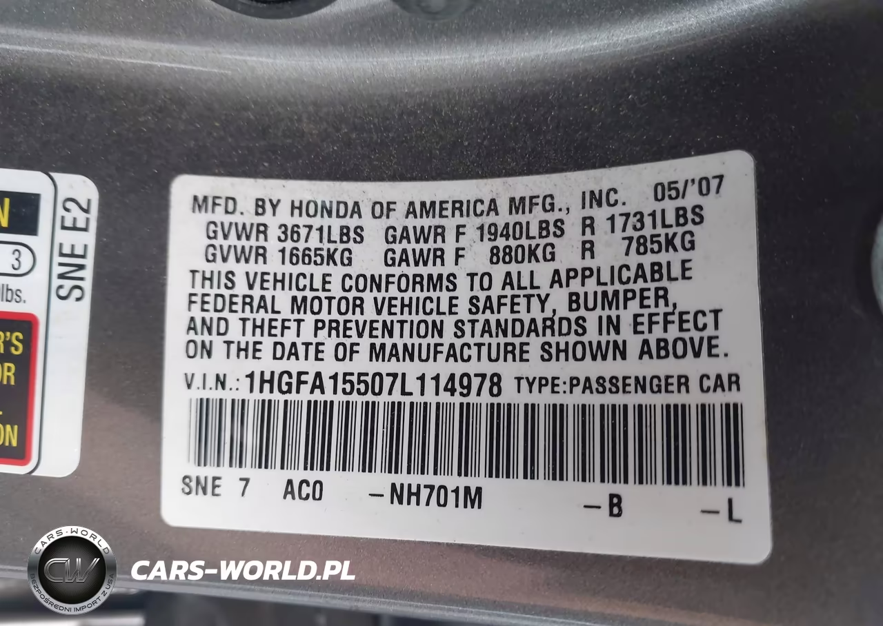 2007 Honda Civic Lx VIN:1HGFA15507L114978 - 9