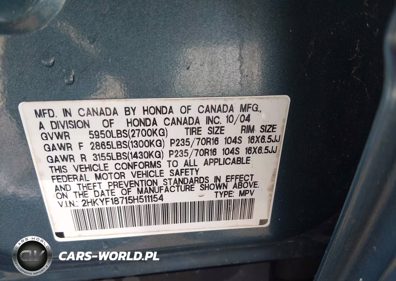 2005 Honda Pilot Ex-L VIN:2HKYF18715H511154 - 9