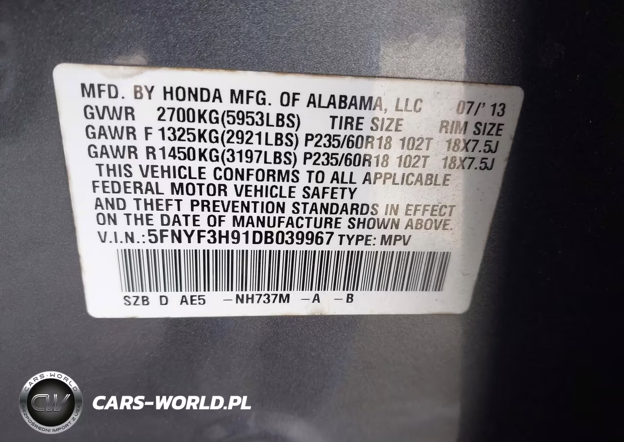 2013 Honda Pilot Touring VIN:5FNYF3H91DB039967 - 9