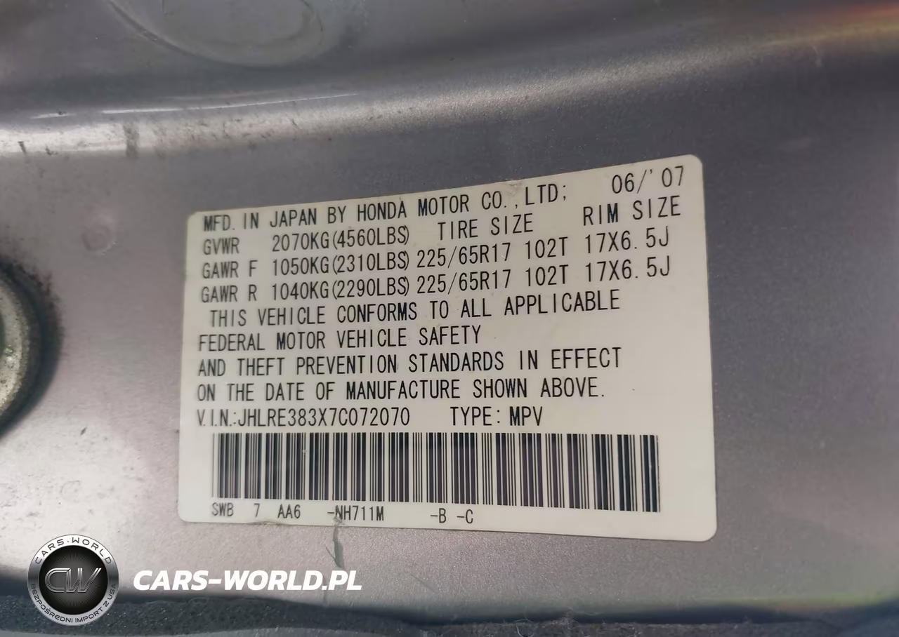 2007 Honda Cr-V Lx VIN:JHLRE383X7C072070 - 9