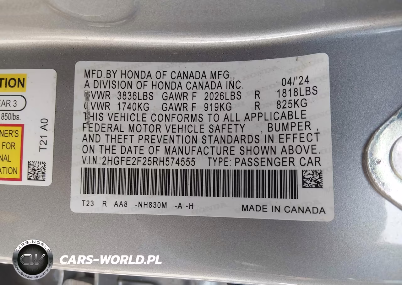 2024 Honda Civic Lx VIN:2HGFE2F25RH574555 - 9