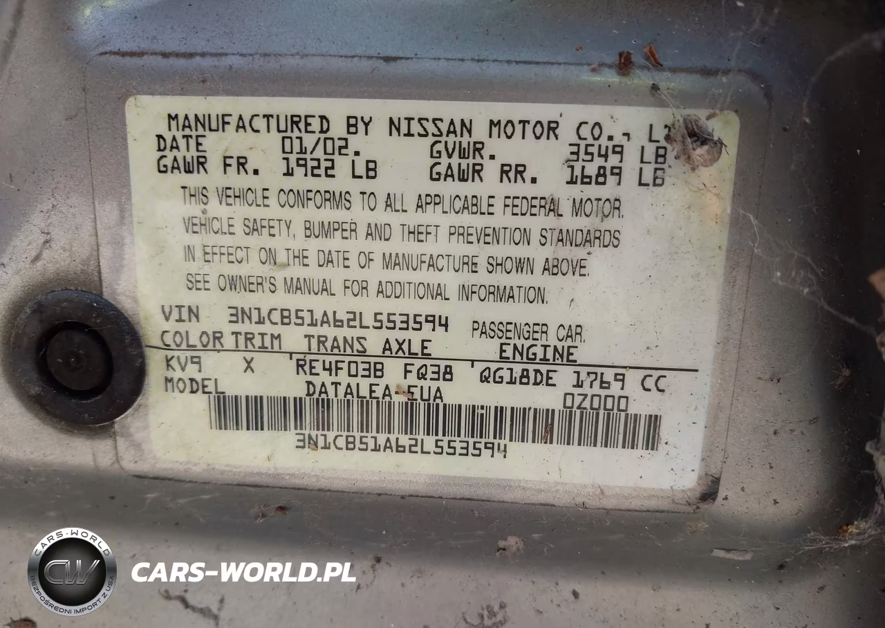 2002 Nissan Sentra Gxe VIN:3N1CB51A62L553594 - 9