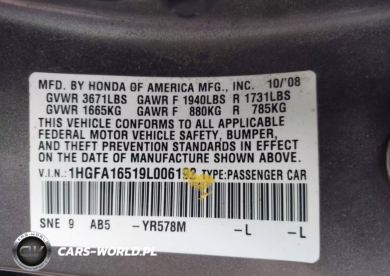 2009 Honda Civic Lx VIN:1HGFA16519L006192 - 9