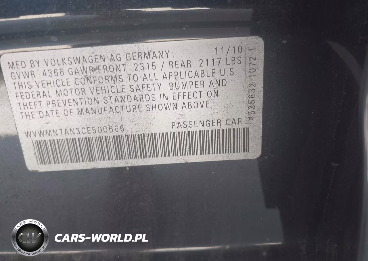 VOLKSWAGEN CC SPORT VIN:WVWMN7AN3CE500666 - 9