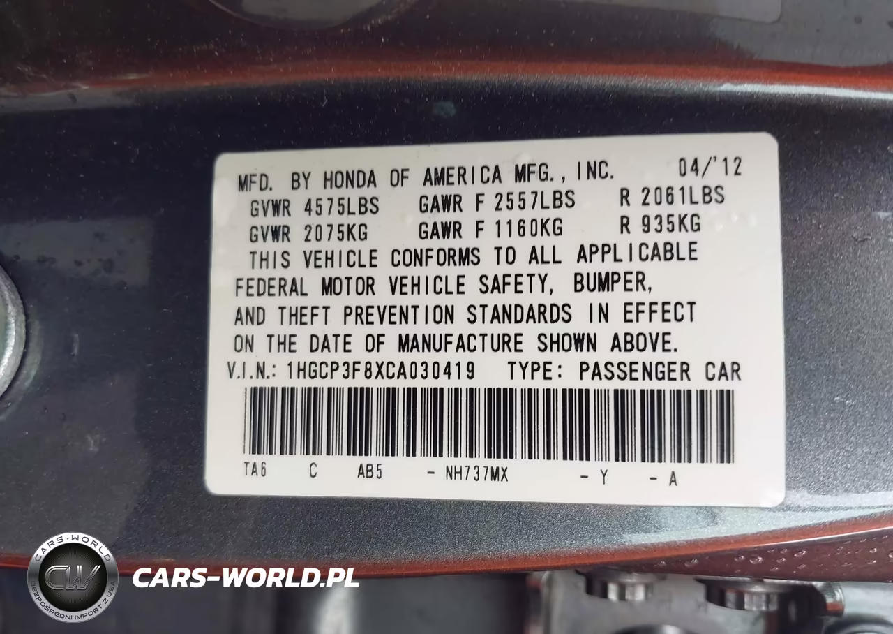 2012 Honda Accord 3.5 Ex-L VIN:1HGCP3F8XCA030419 - 9