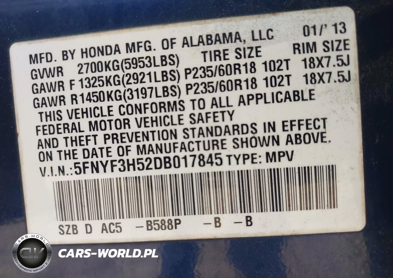 2013 Honda Pilot Ex-L VIN:5FNYF3H52DB017845 - 9