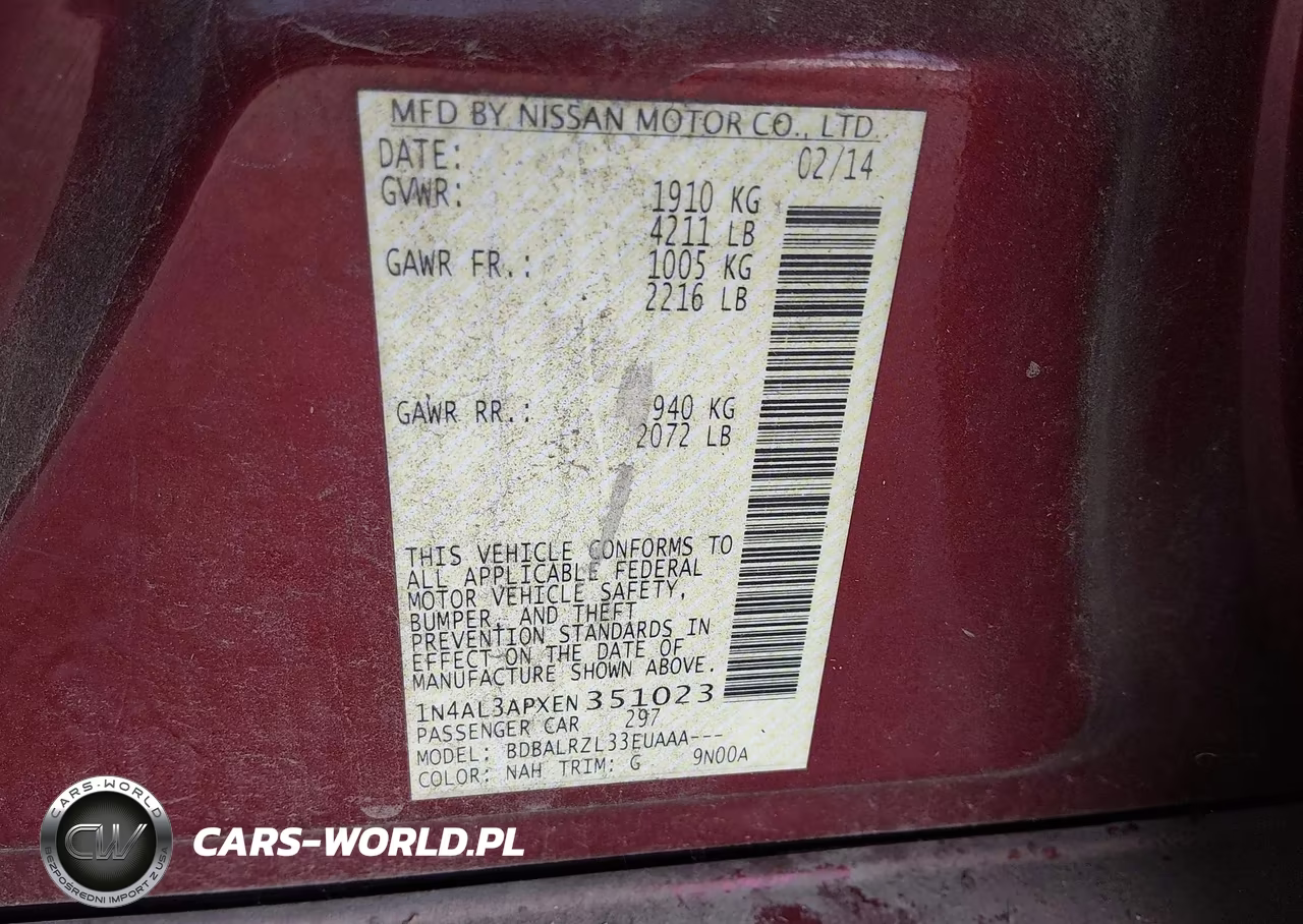 2014 Nissan Altima 2.5-2.5 S-2.5 Sl-2.5 Sv VIN:1N4AL3APXEN351023 - 9