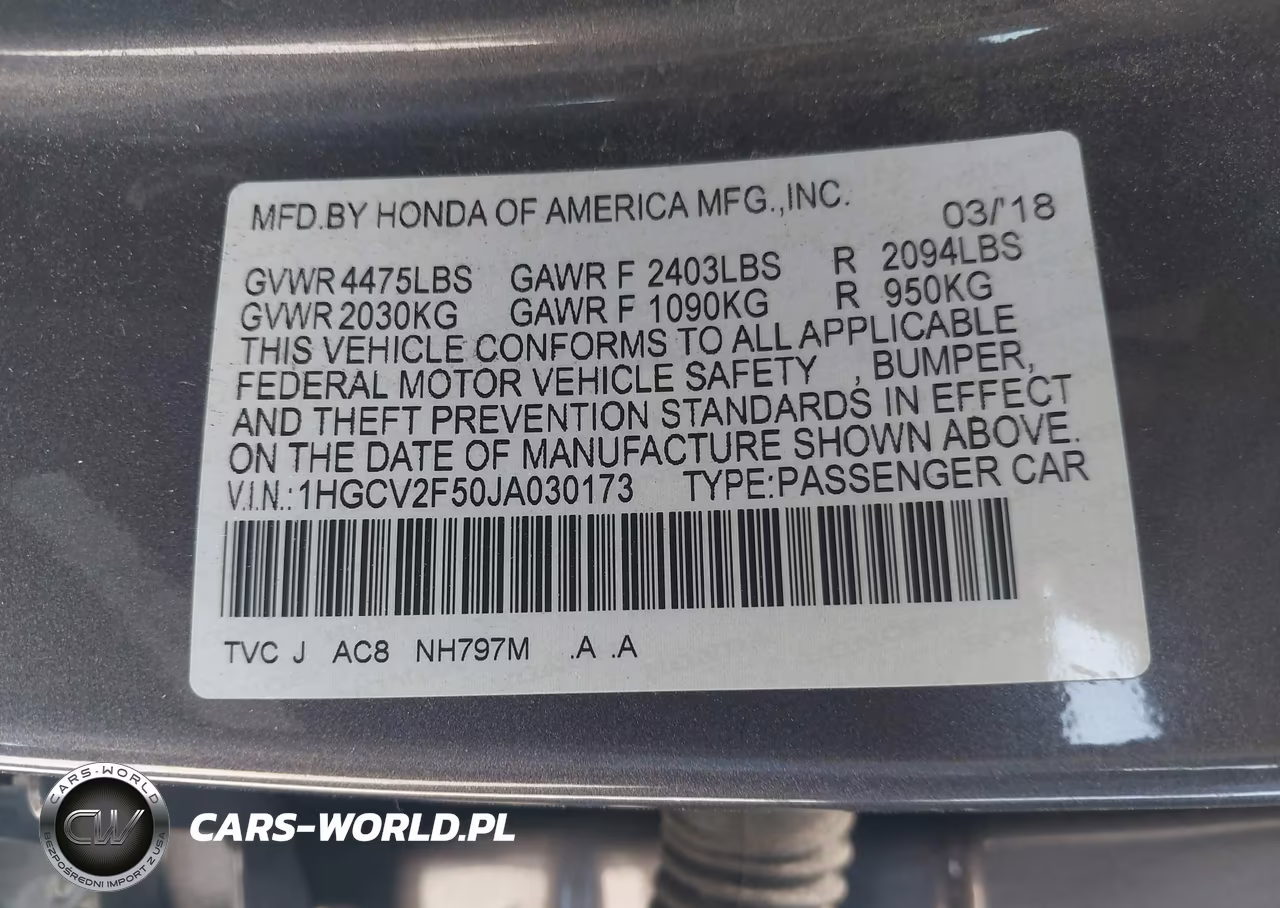 2018 Honda Accord Ex-L 2.0T VIN:1HGCV2F50JA030173 - 9