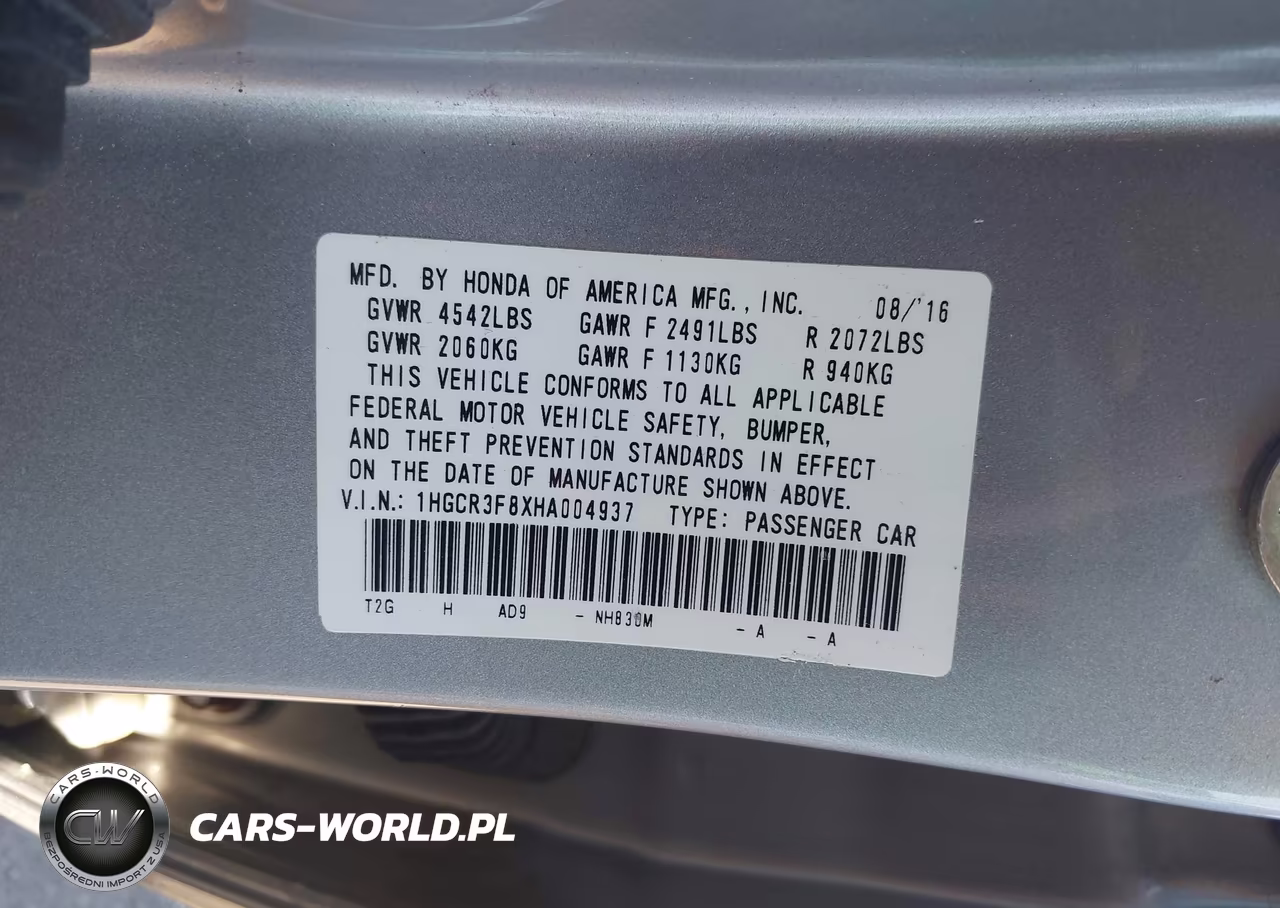 2017 Honda Accord Ex-L V6 VIN:1HGCR3F8XHA004937 - 9