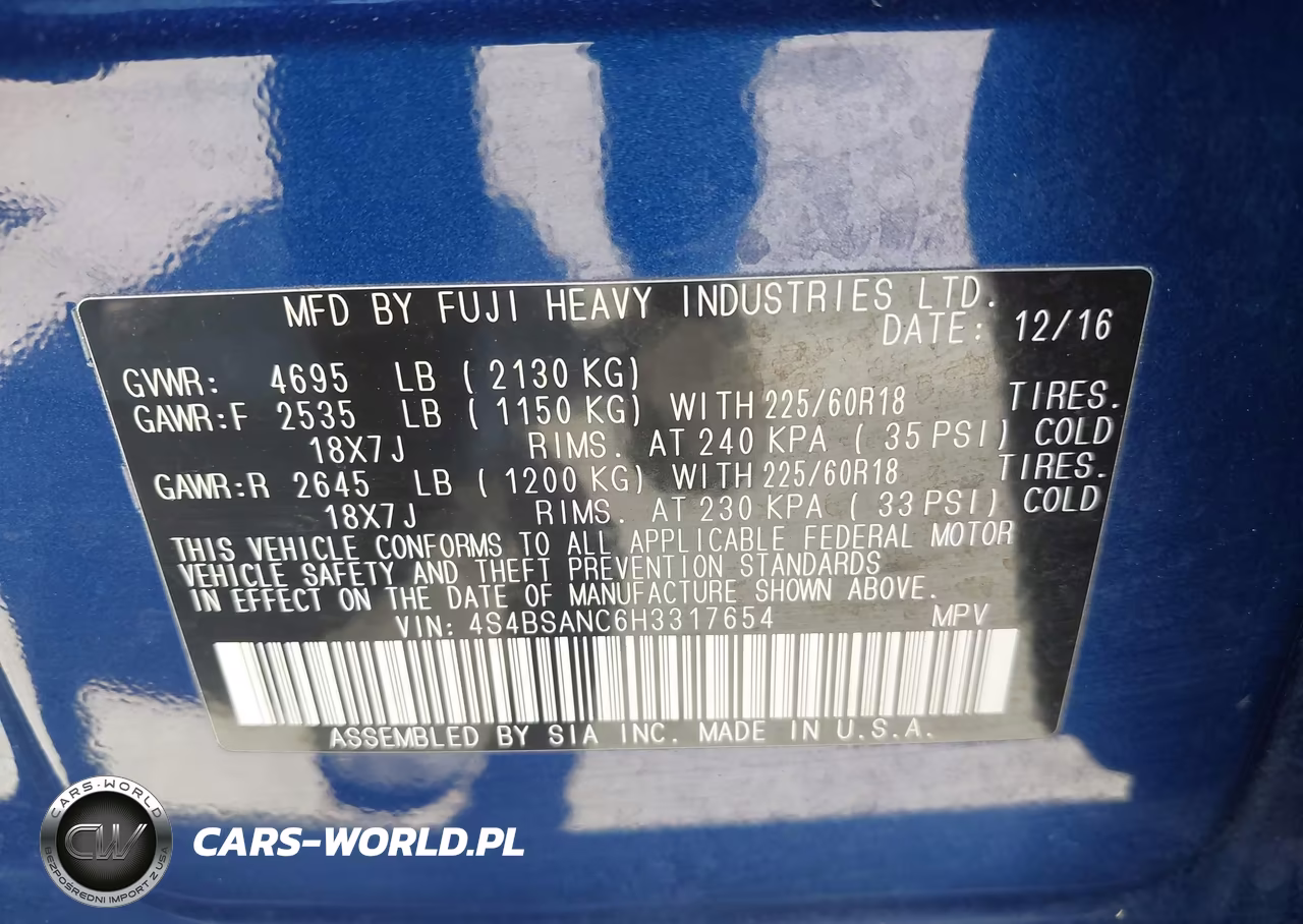 2017 Subaru Outback 2.5I Limited VIN:4S4BSANC6H3317654 - 9