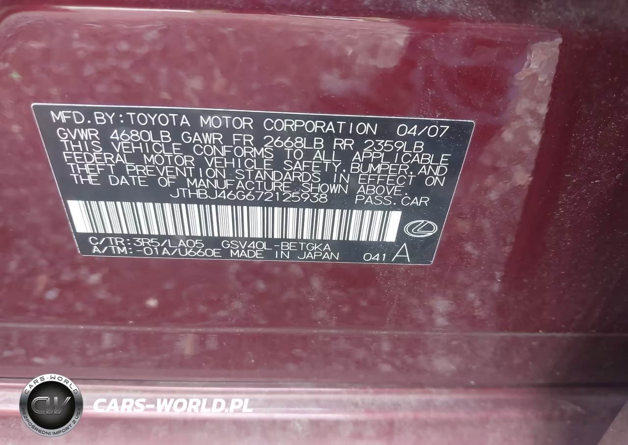 2007 Lexus Es 350 VIN:JTHBJ46G672125938 - 9