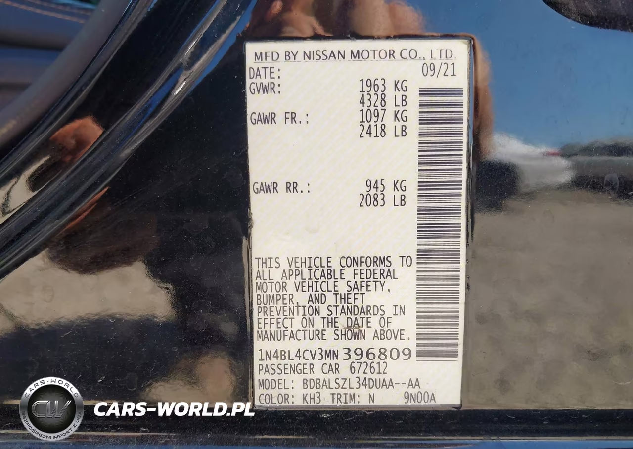 2021 Nissan Altima Sr Fwd VIN:1N4BL4CV3MN396809 - 9