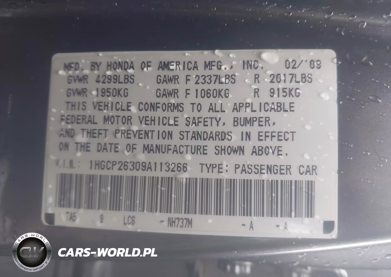 2009 Honda Accord 2.4 Lx VIN:1HGCP26309A113266 - 9