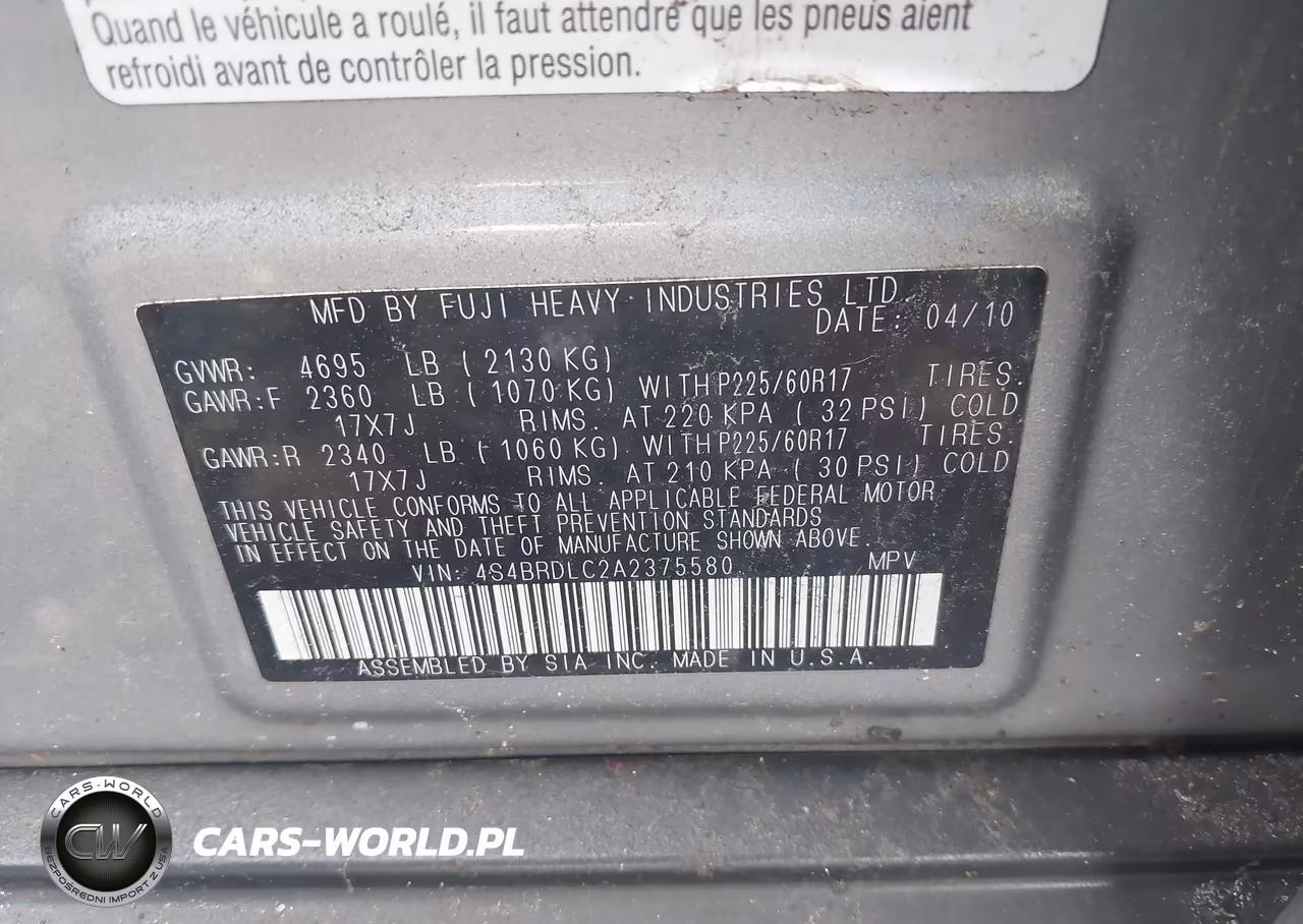 2010 Subaru Outback 3.6R Limited VIN:4S4BRDLC2A2375580 - 9
