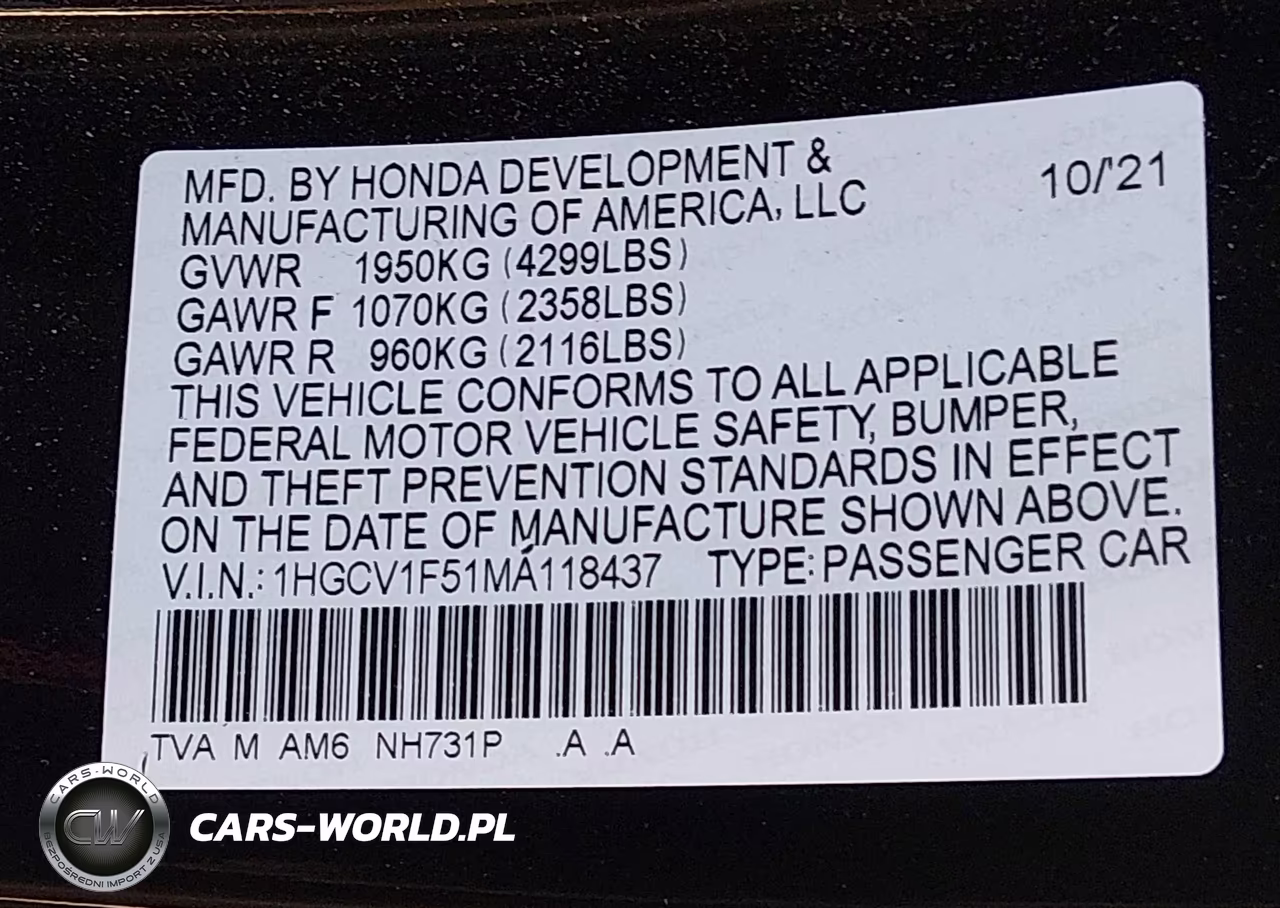 2021 Honda Accord Ex-L VIN:1HGCV1F51MA118437 - 9