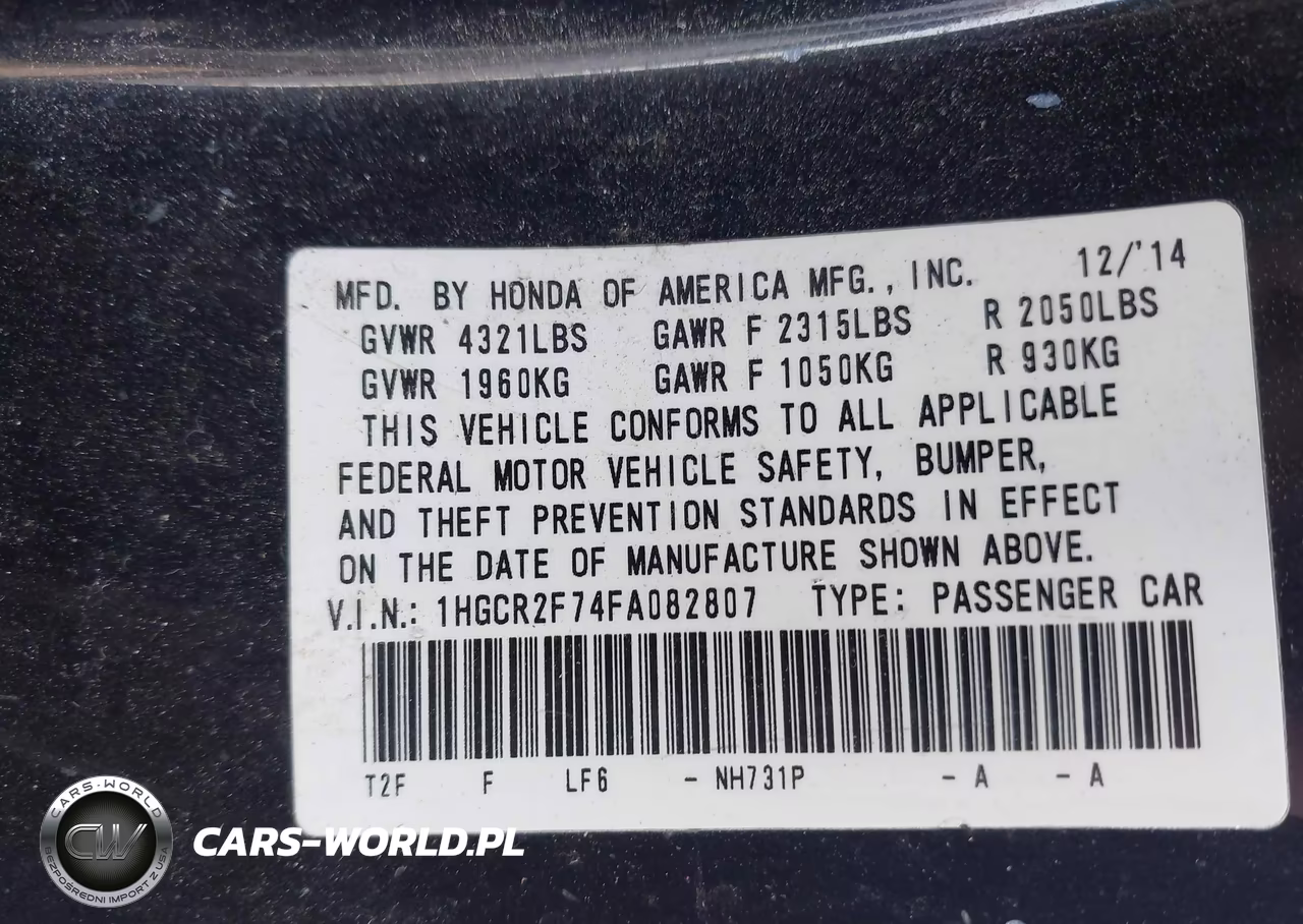 2015 Honda Accord Ex VIN:1HGCR2F74FA082807 - 9