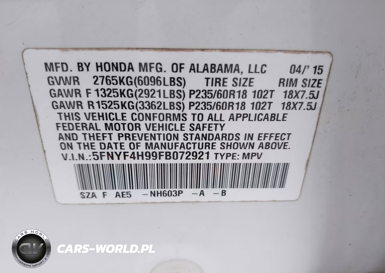 2015 Honda Pilot Touring VIN:5FNYF4H99FB072921 - 9