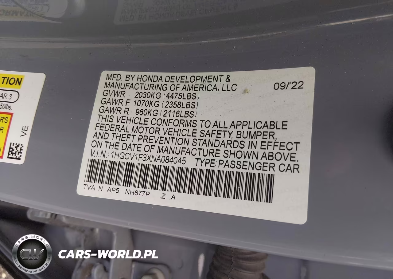 2022 Honda Accord Sport VIN:1HGCV1F3XNA084045 - 9