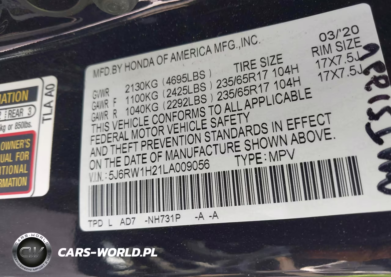 2020 Honda Cr-V 2Wd Lx VIN:5J6RW1H21LA009056 - 9