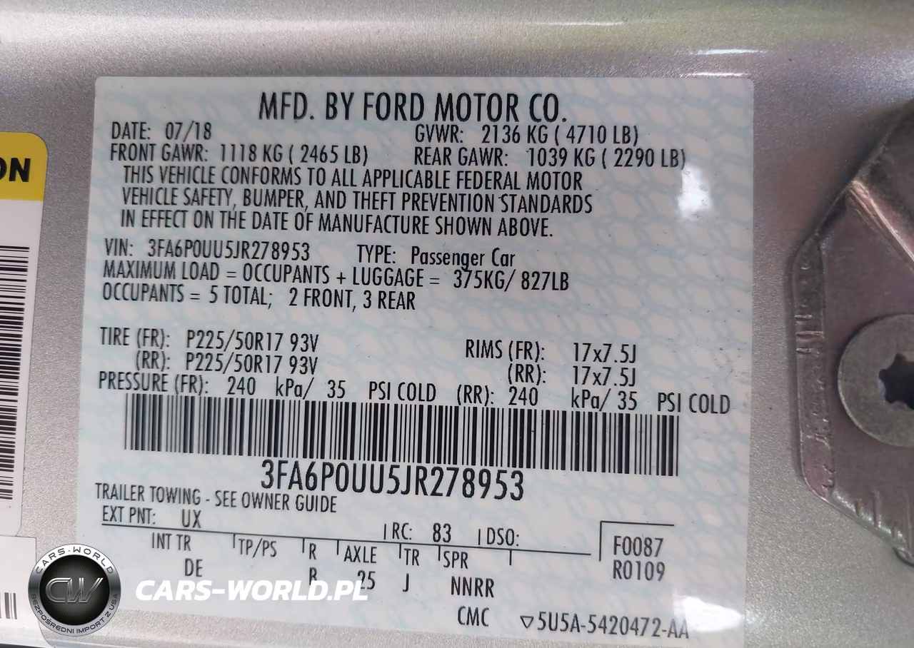 2018 Ford Fusion Hybrid S VIN:3FA6P0UU5JR278953 - 9