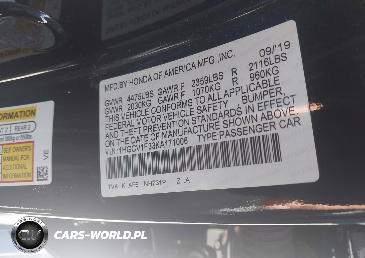 2019 Honda Accord Sport VIN:1HGCV1F33KA171006 - 9