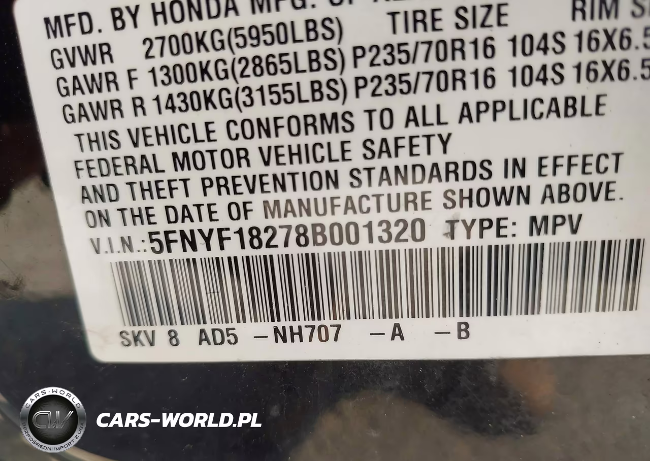 2008 Honda Pilot Vp VIN:5FNYF18278B001320 - 9
