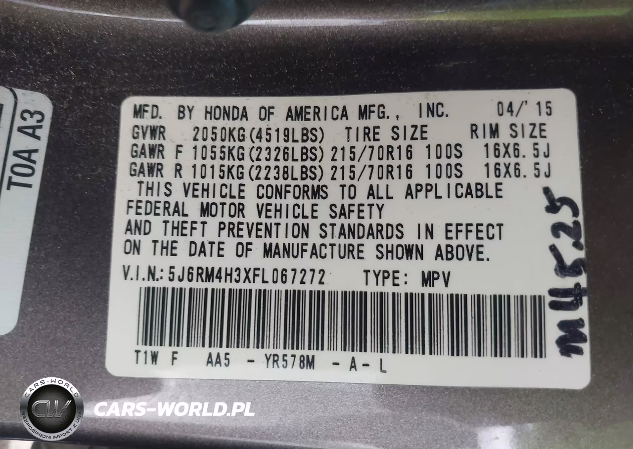 2015 Honda Cr-V Lx VIN:5J6RM4H3XFL067272 - 9