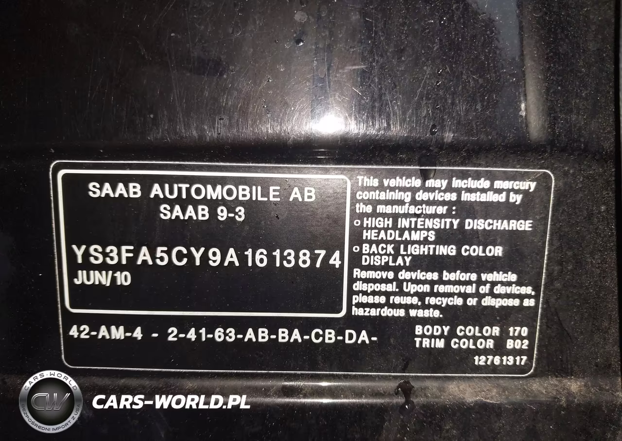 2010 Saab 9-3 VIN:YS3FA5CY9A1613874 - 9