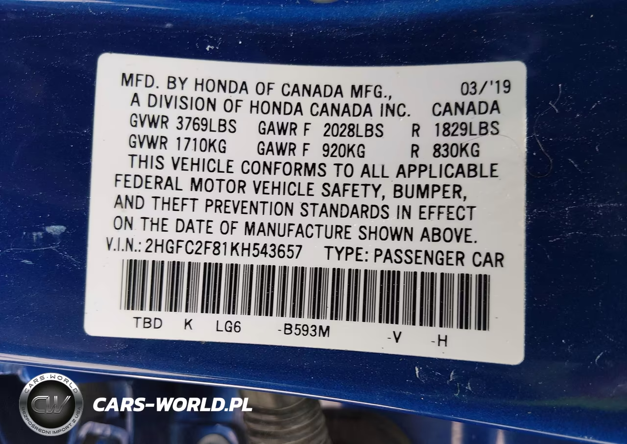 2019 Honda Civic Sport VIN:2HGFC2F81KH543657 - 9