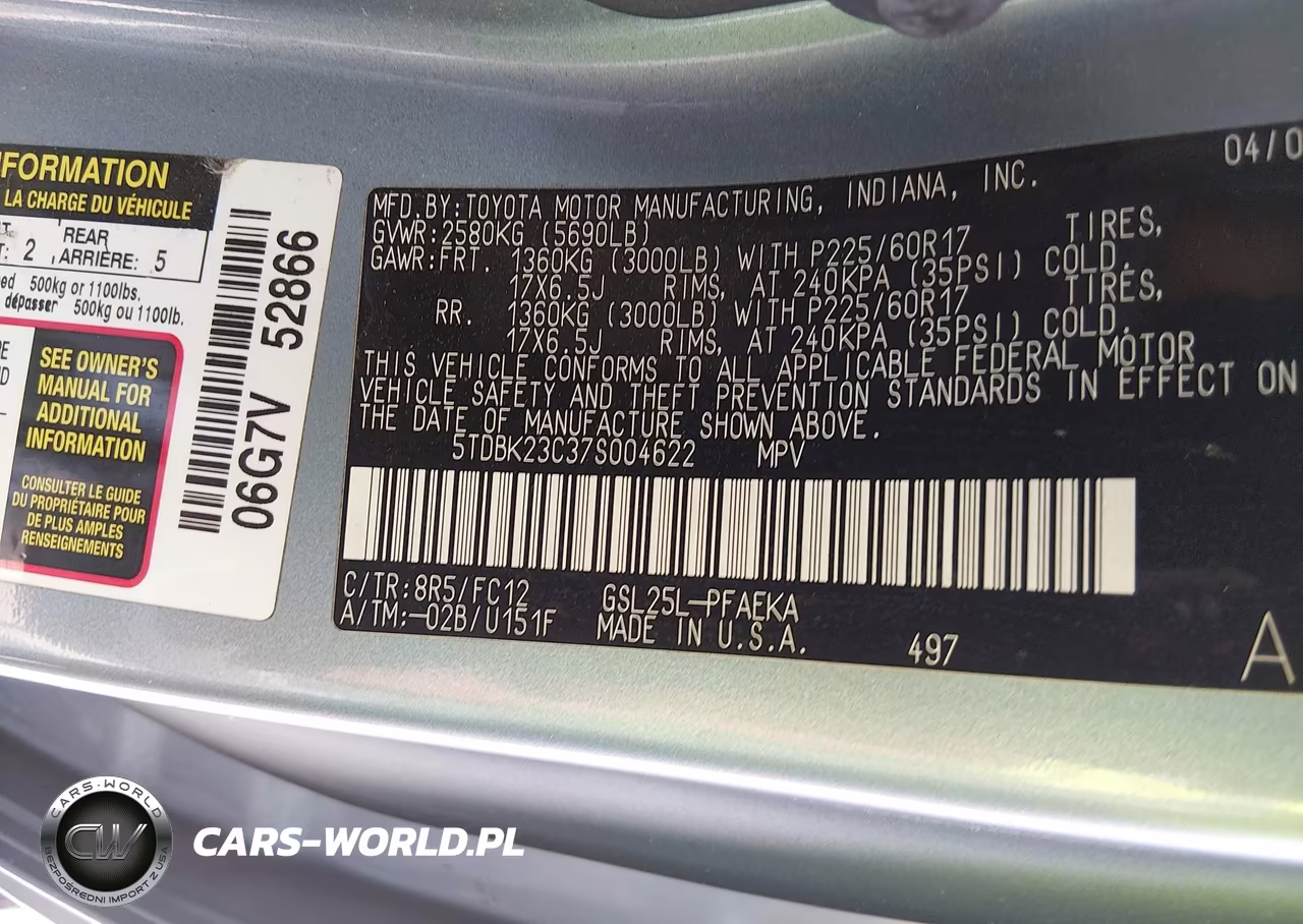 2007 Toyota Sienna Le VIN:5TDBK23C37S004622 - 9