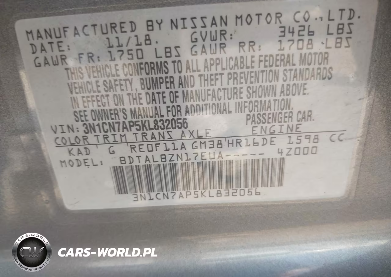 2019 Nissan Versa 1.6 Sv VIN:3N1CN7AP5KL832056 - 9