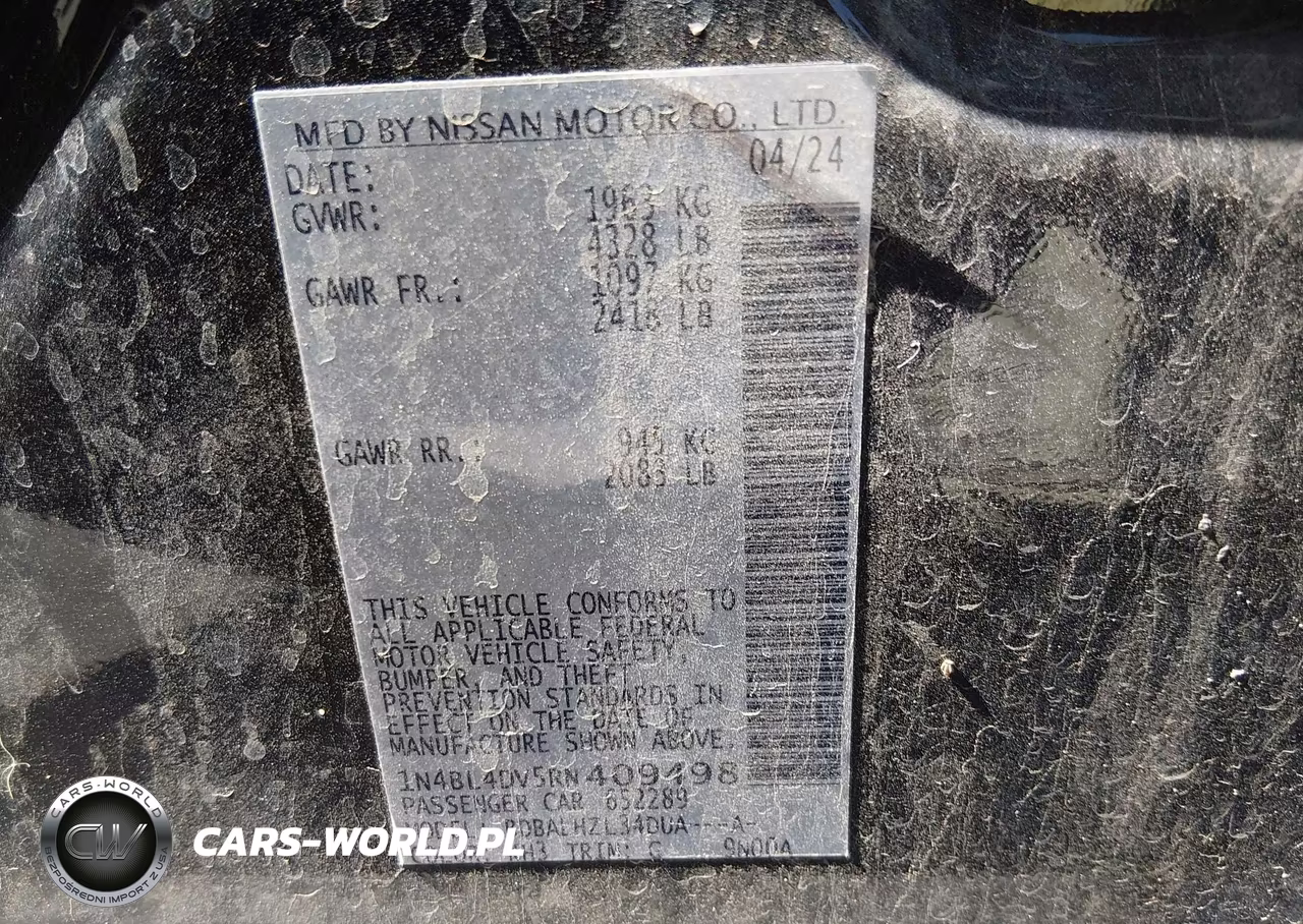 2024 Nissan Altima Sv Fwd VIN:1N4BL4DV5RN409498 - 9