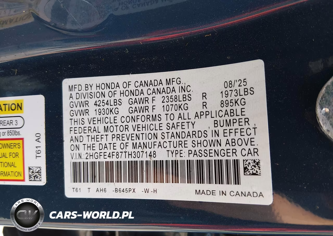 2026 Honda Civic Hybrid VIN:2HGFE4F87TH307148 - 9
