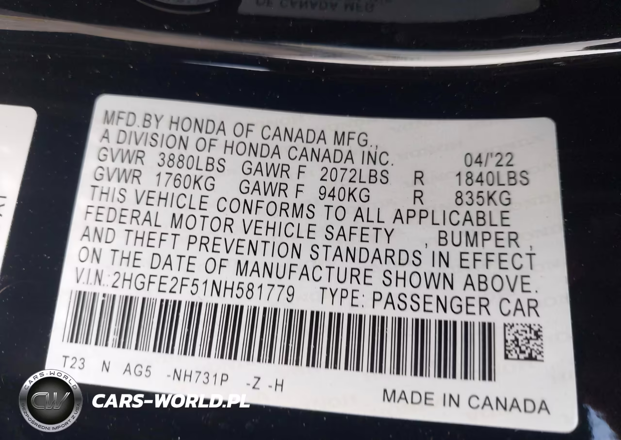 2022 Honda Civic Sport VIN:2HGFE2F51NH581779 - 9