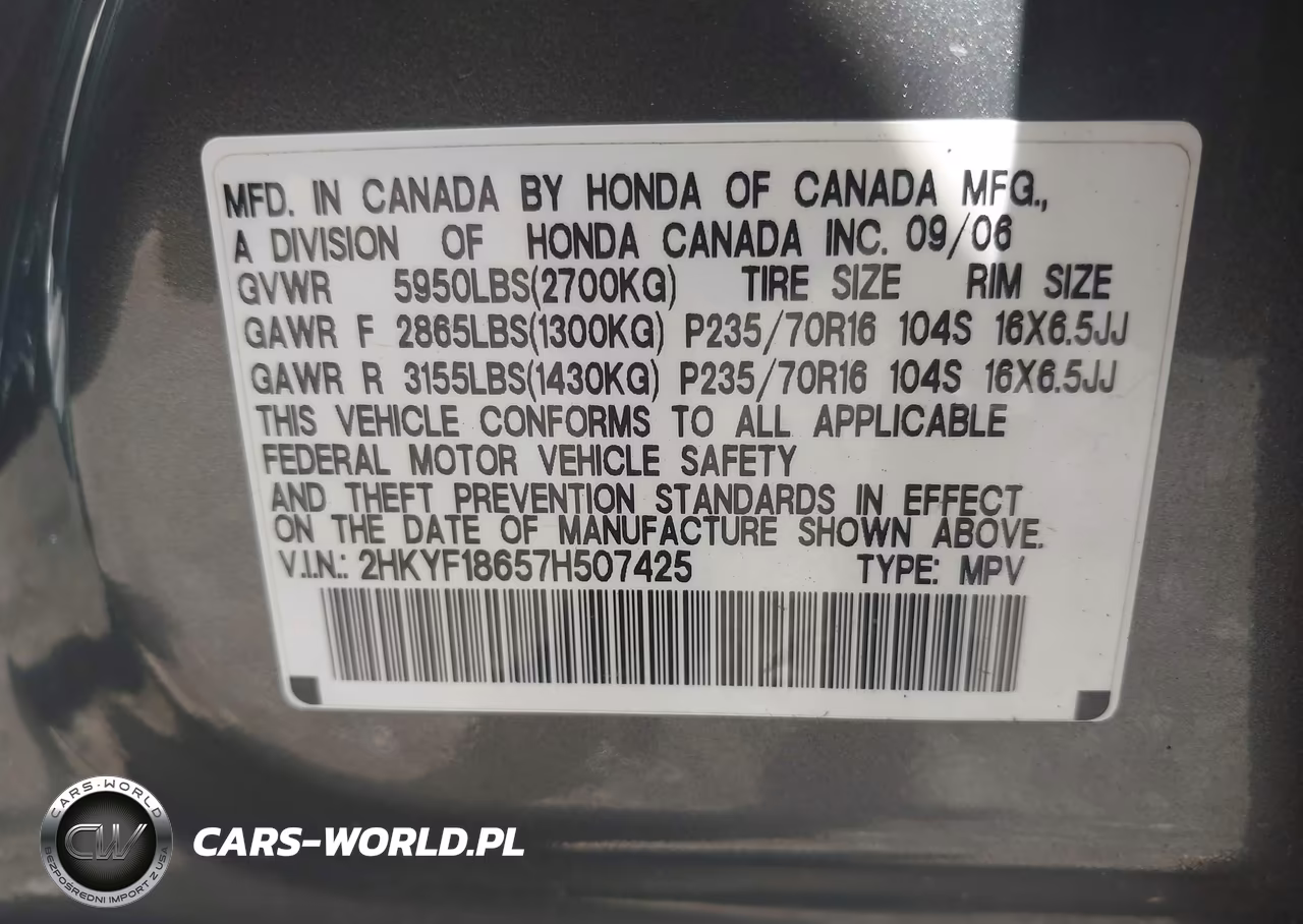 2007 Honda Pilot Ex-L VIN:2HKYF18657H507425 - 9