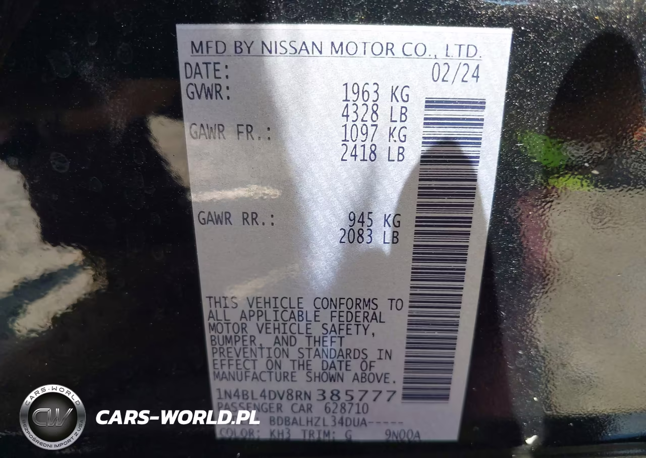 2024 Nissan Altima Sv Fwd VIN:1N4BL4DV8RN385777 - 9