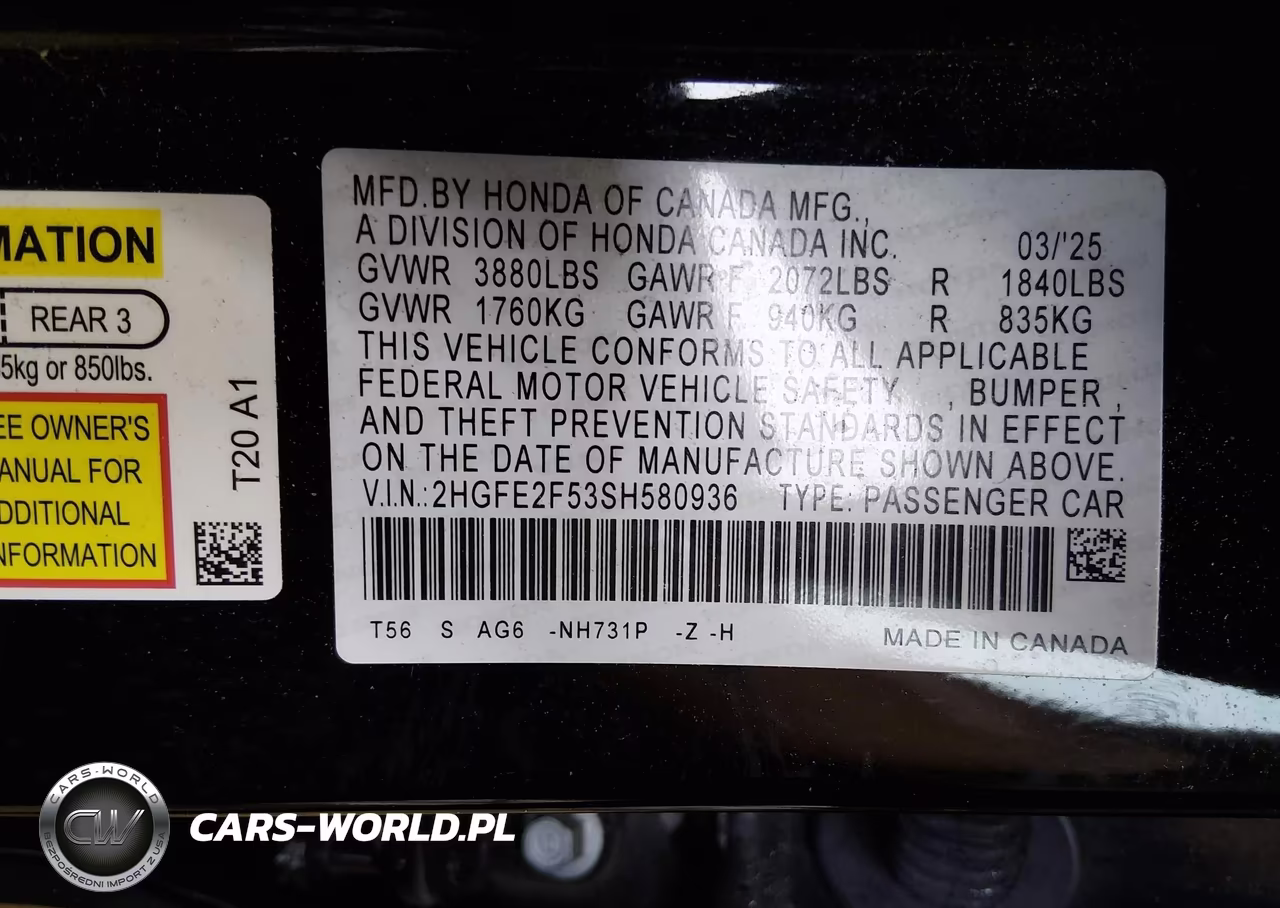 2025 Honda Civic Sport VIN:2HGFE2F53SH580936 - 9