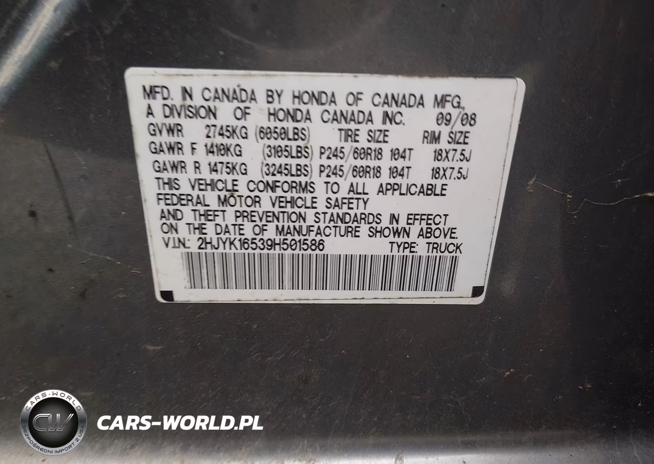 2009 Honda Ridgeline Rtl VIN:2HJYK16539H501586 - 9