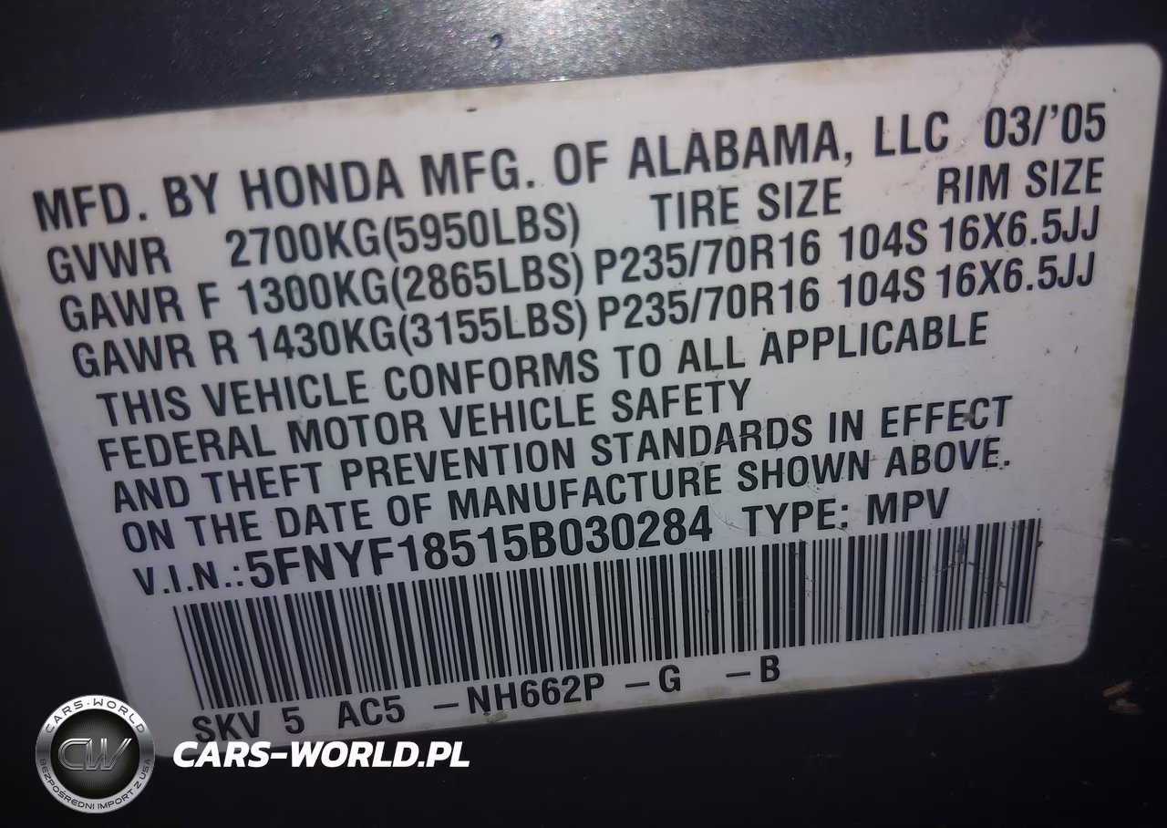 2005 Honda Pilot Ex-L VIN:5FNYF18515B030284 - 9